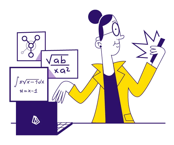 cartoon woman with equations on a laptop