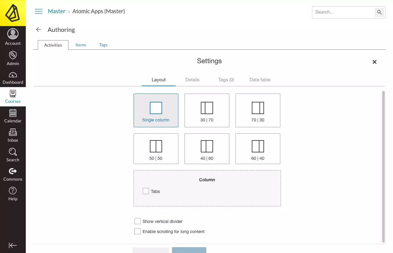 screenshot showing layout options