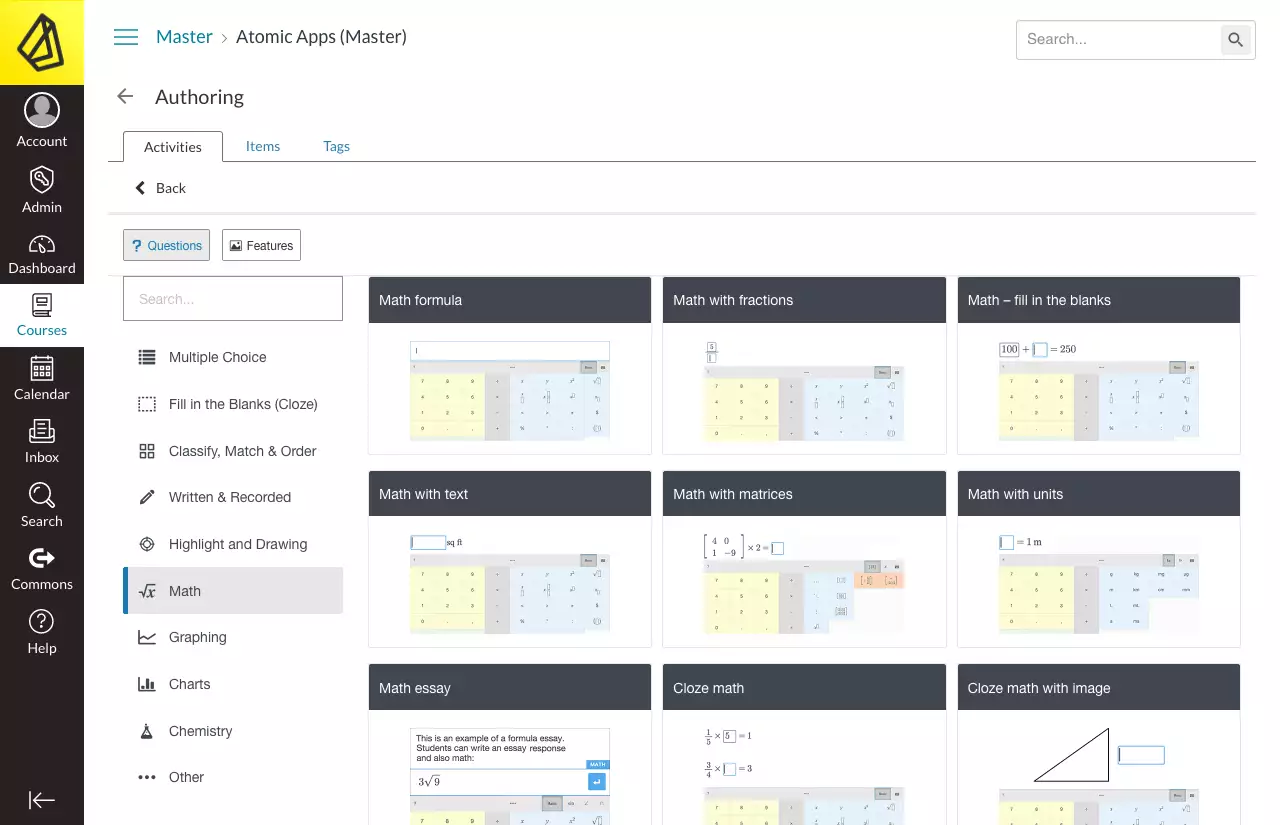 screenshot showing math question types